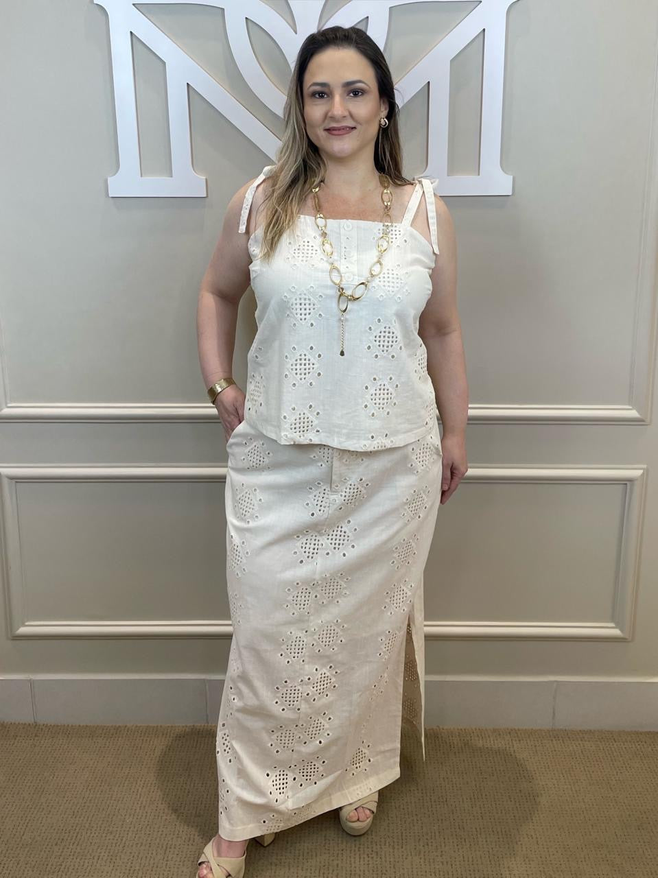 Conjunto saia midi laise cropped bege - temaplus