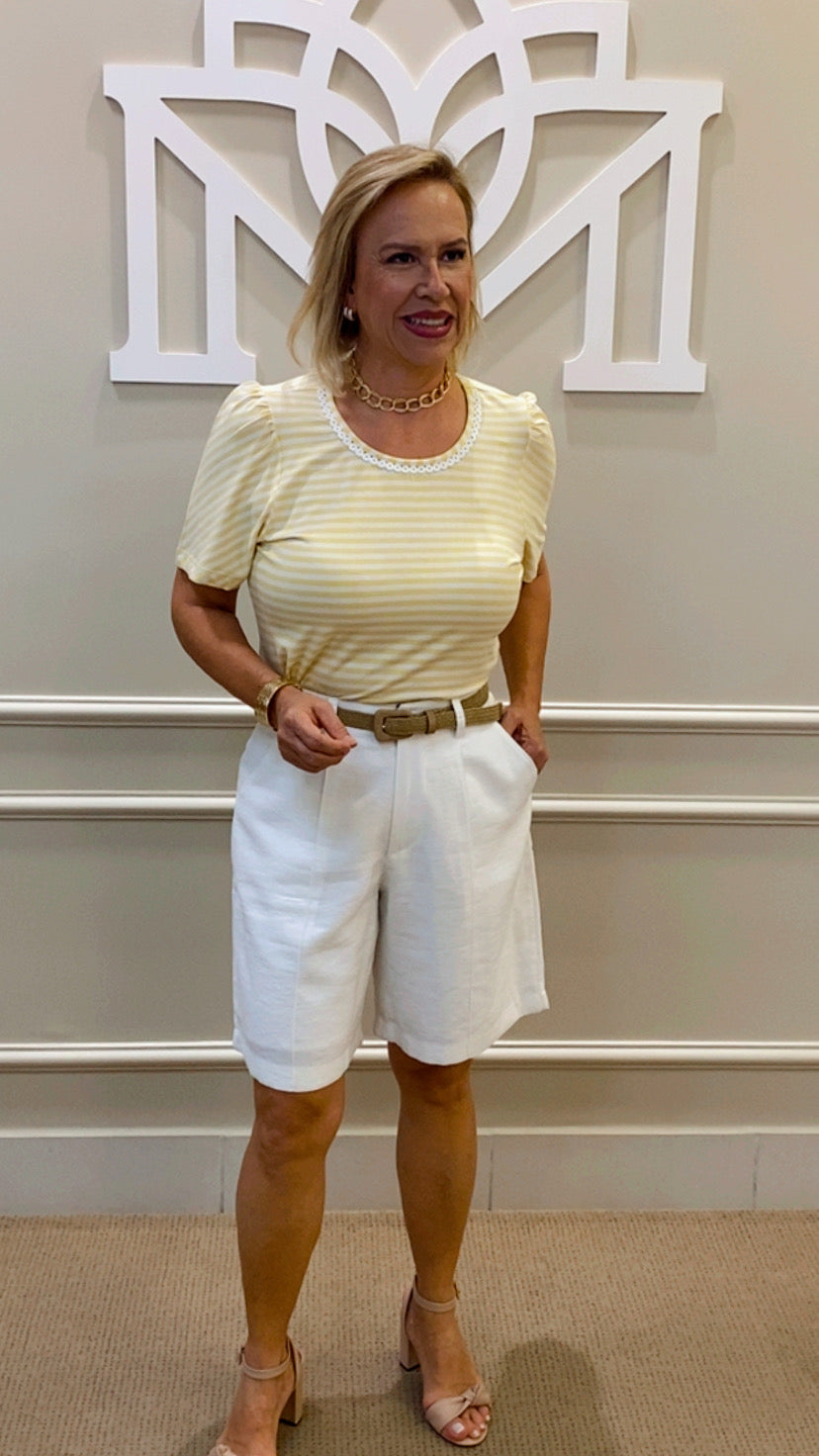 Blusa amarela/off listra decote guipir