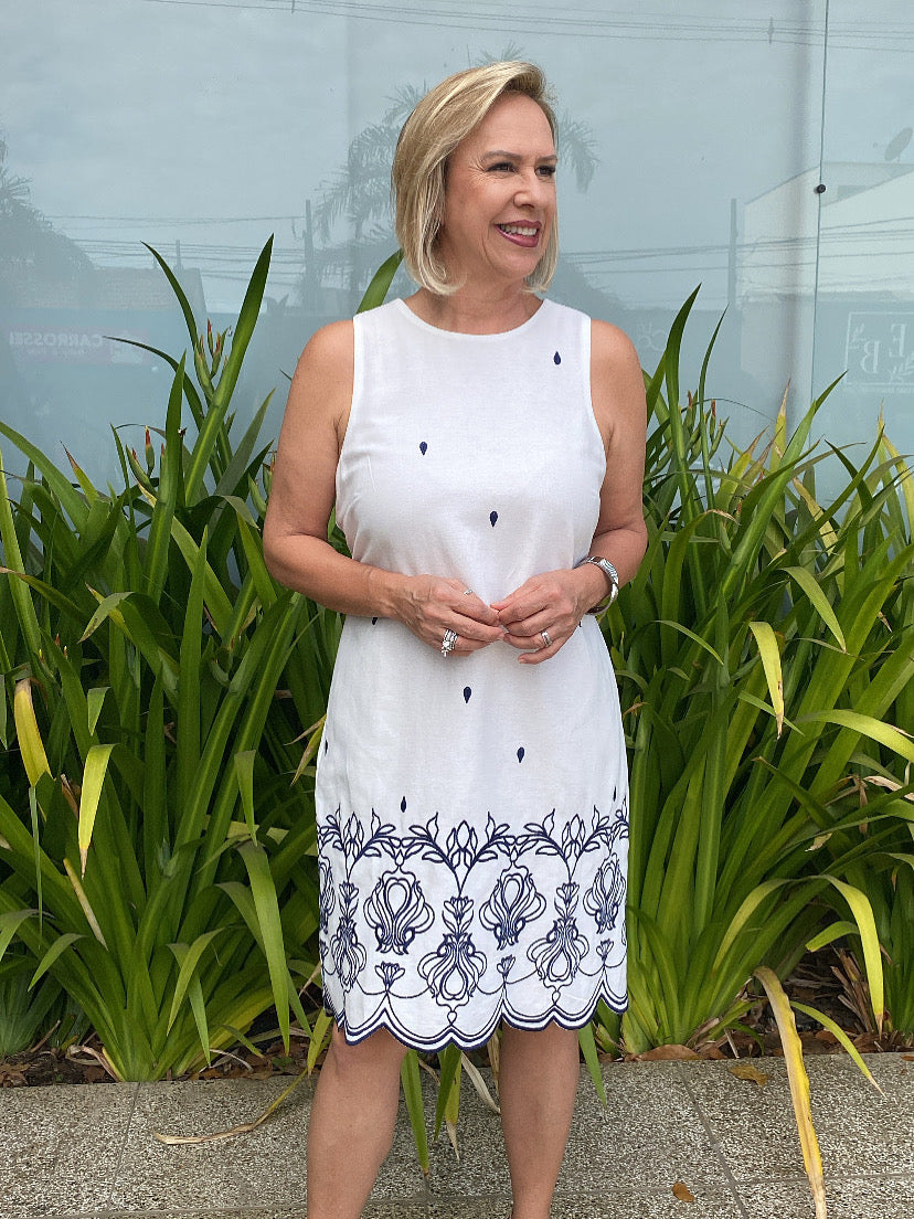 Vestido linho curto off borda marinho barrado - Seiki