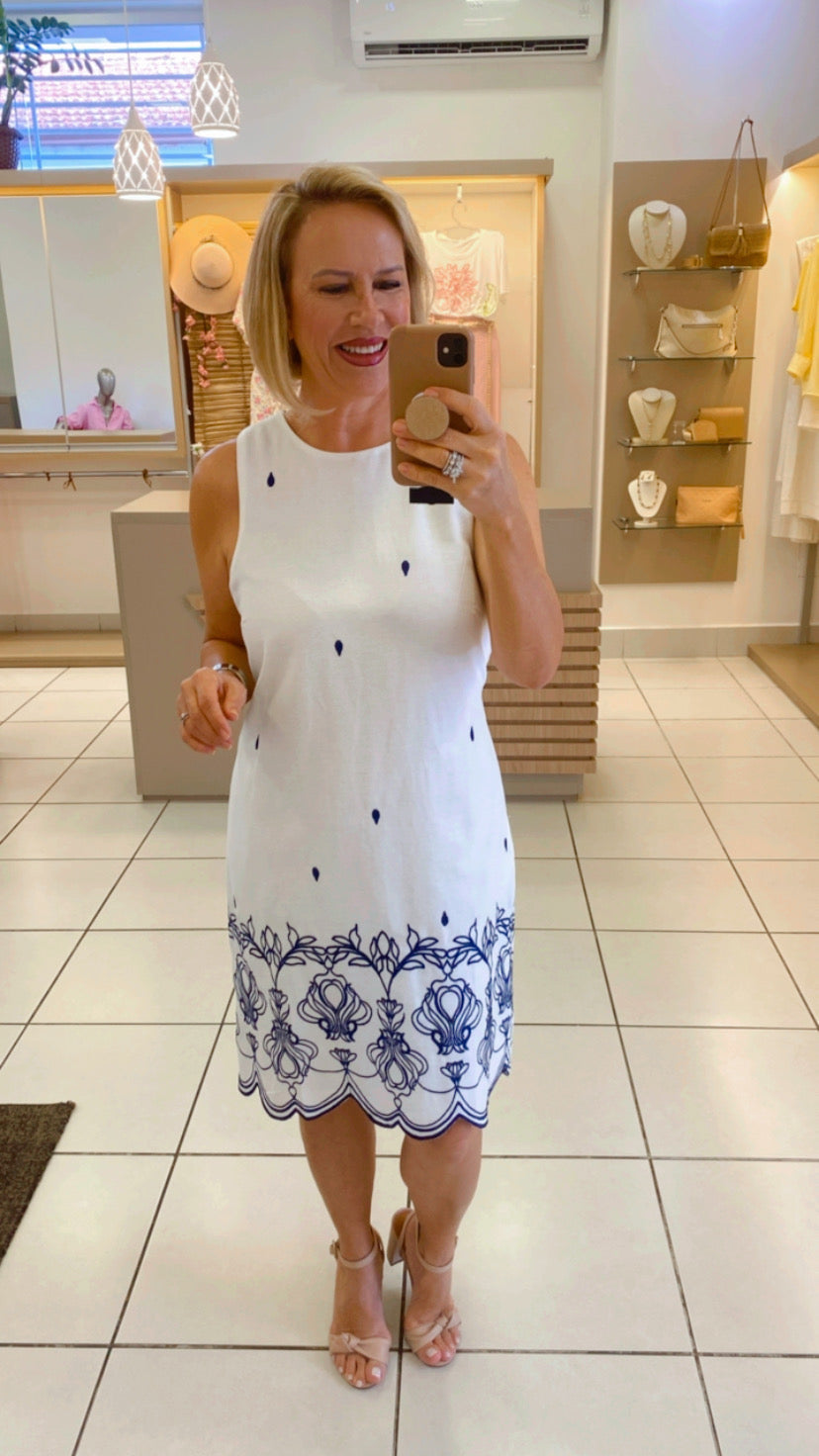 Vestido linho curto off borda marinho barrado - Seiki