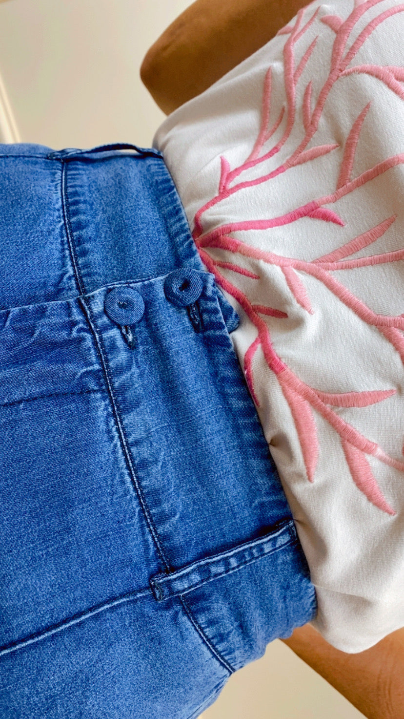 Calça reta jeans/liocel  bolso faca