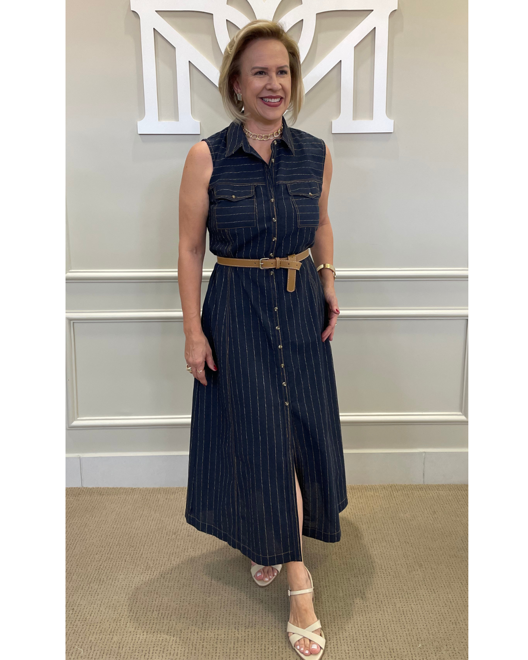 Chamisie midi marinho riscadinho bege