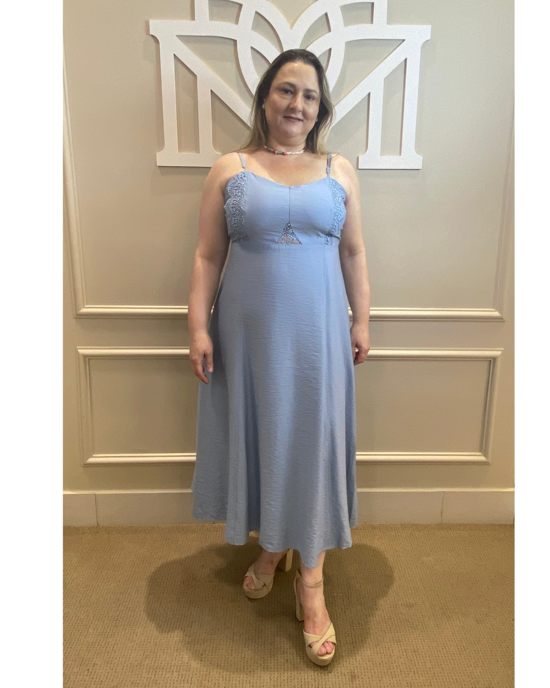 Vestido midi azul renda amarração - Temaplus