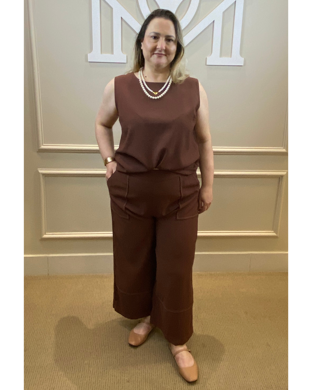 Conjunto pantacourt alfaiataria marrom