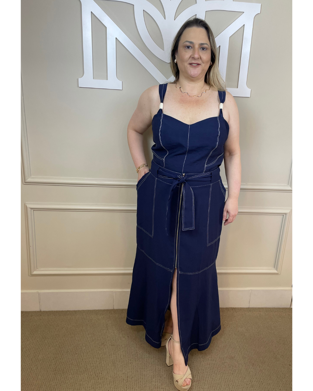 Conjunto saia ziper midi marinho pesponto - Bellah