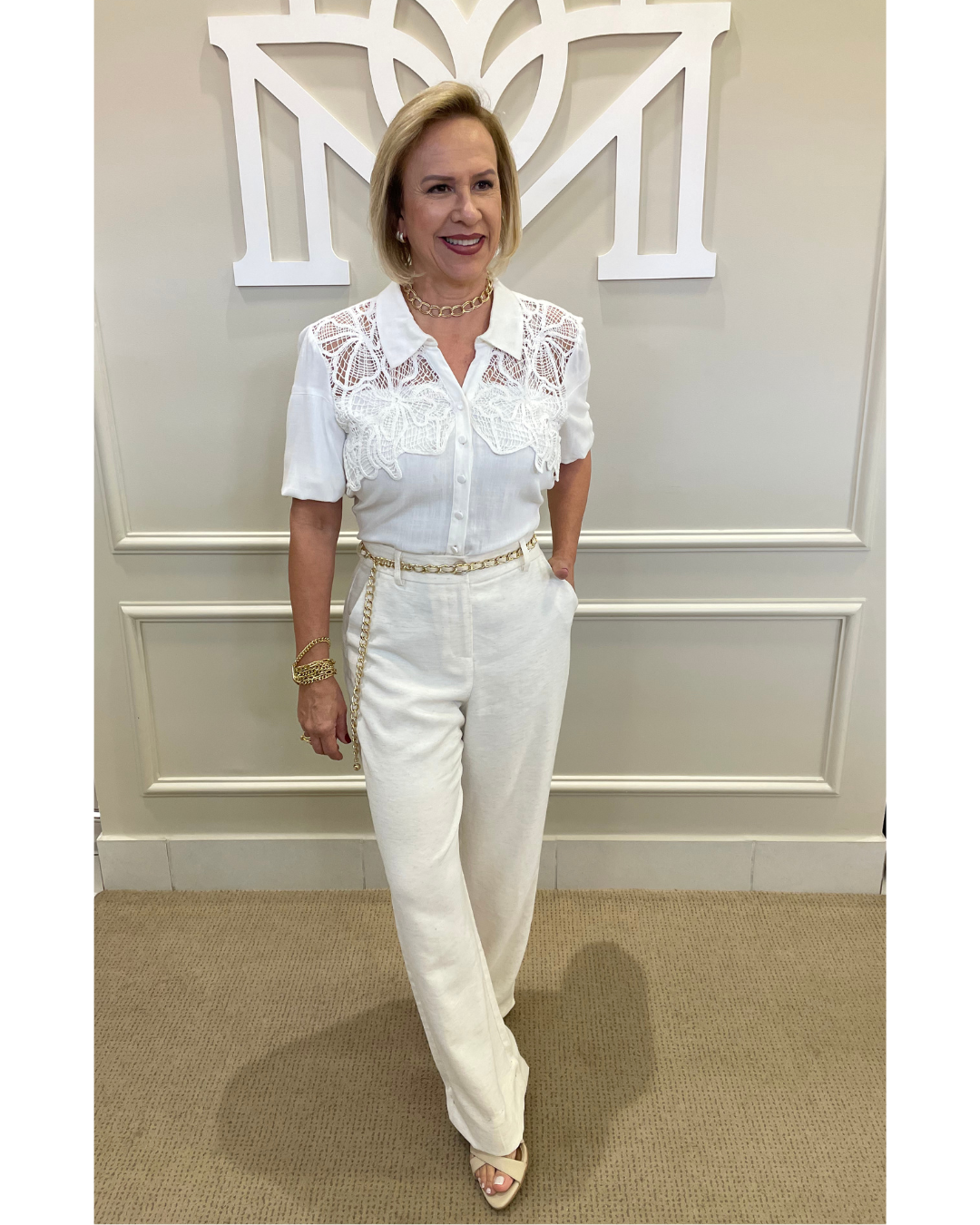 Calça reta alfaiataria linho bolso botão - Seiki