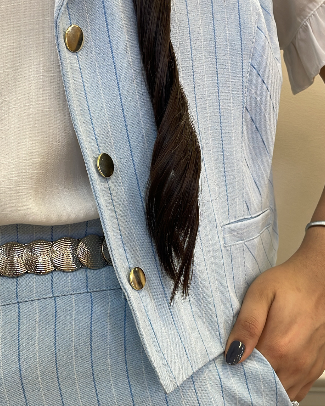 Conjunto colete/bermuda alfaiataria azul listra/az - Savannah