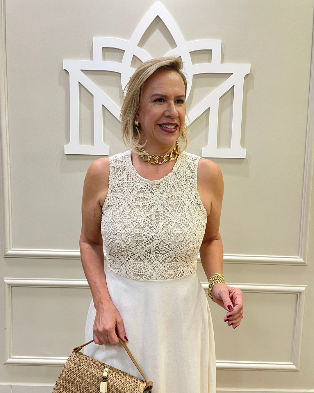 Vestido midi bege viscose crochê - Seiki