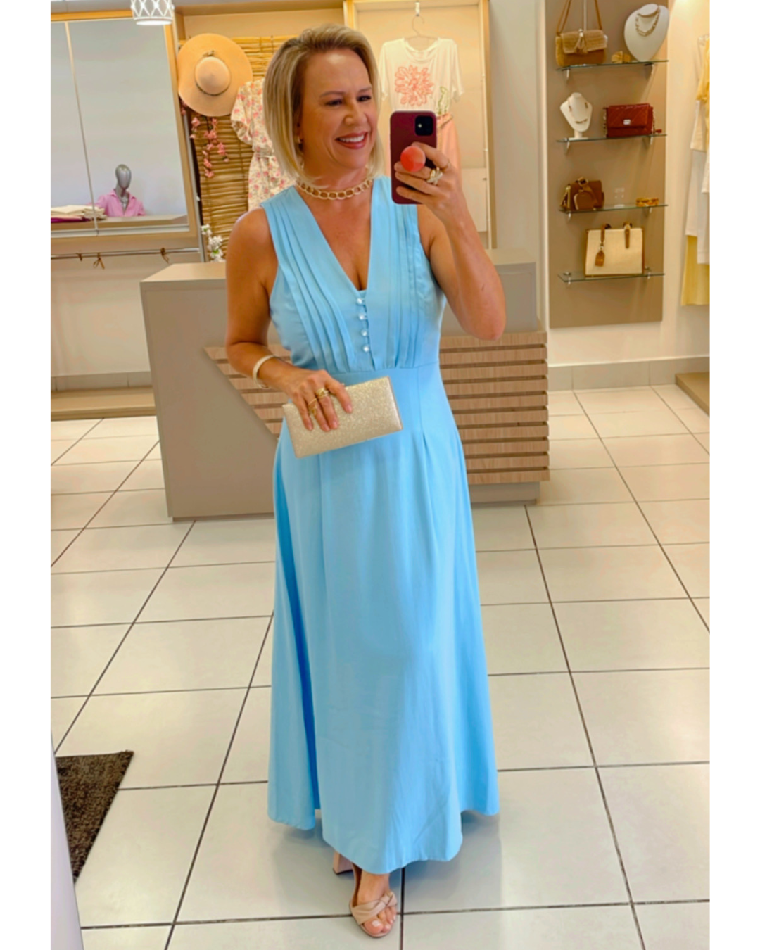 Vestido midi baby blue pregas busto