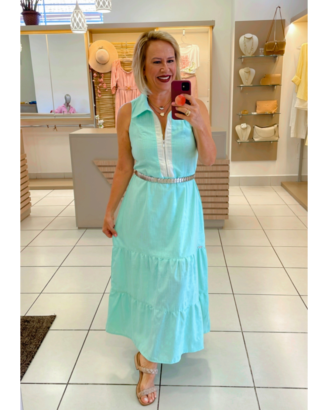 Vestido midi linho verdinho/off - Pimenta roxa