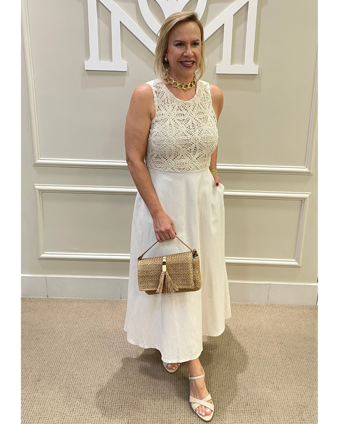 Vestido midi bege viscose crochê - Seiki