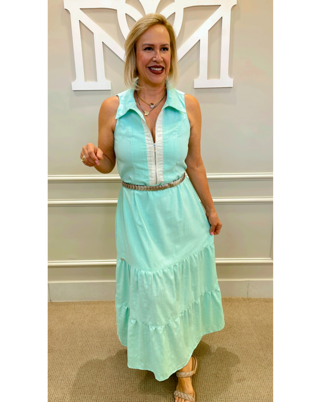 Vestido midi linho verdinho/off - Pimenta roxa