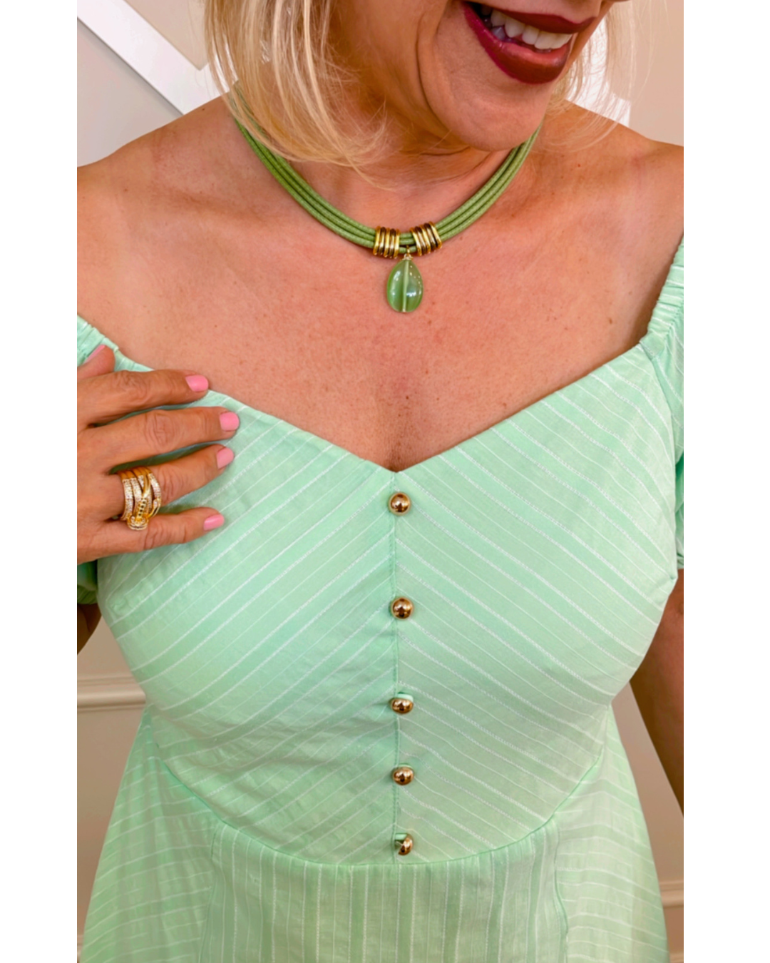 Vestido verdinho risca off manguinha - Savannah