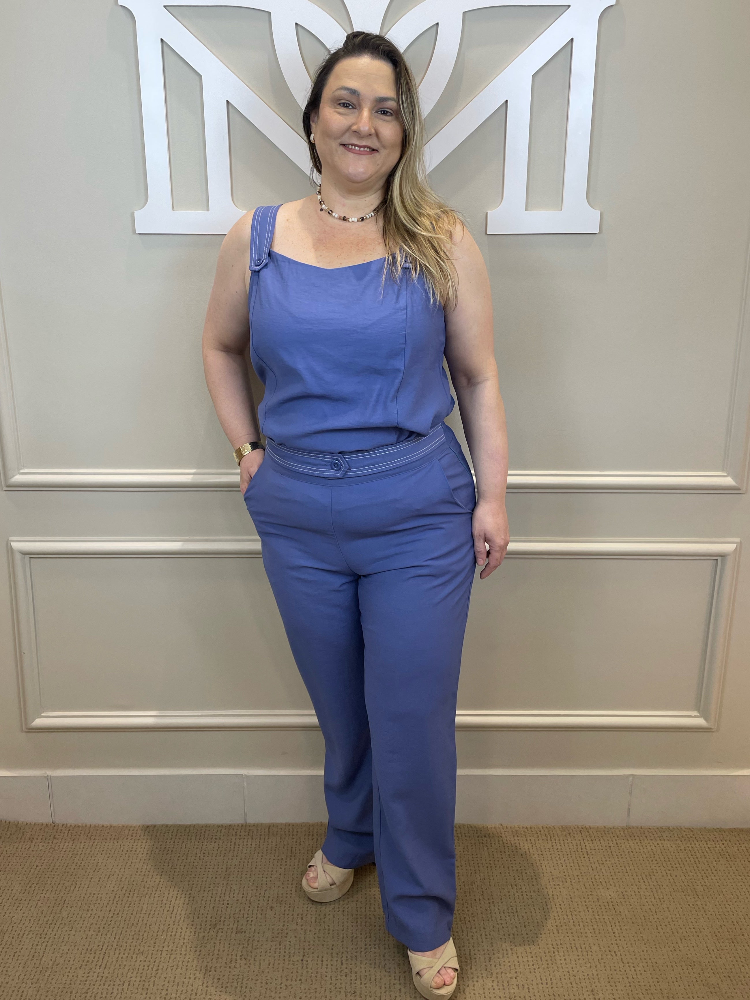 Conjunto calça alfaiataria azul pesponto - Areen