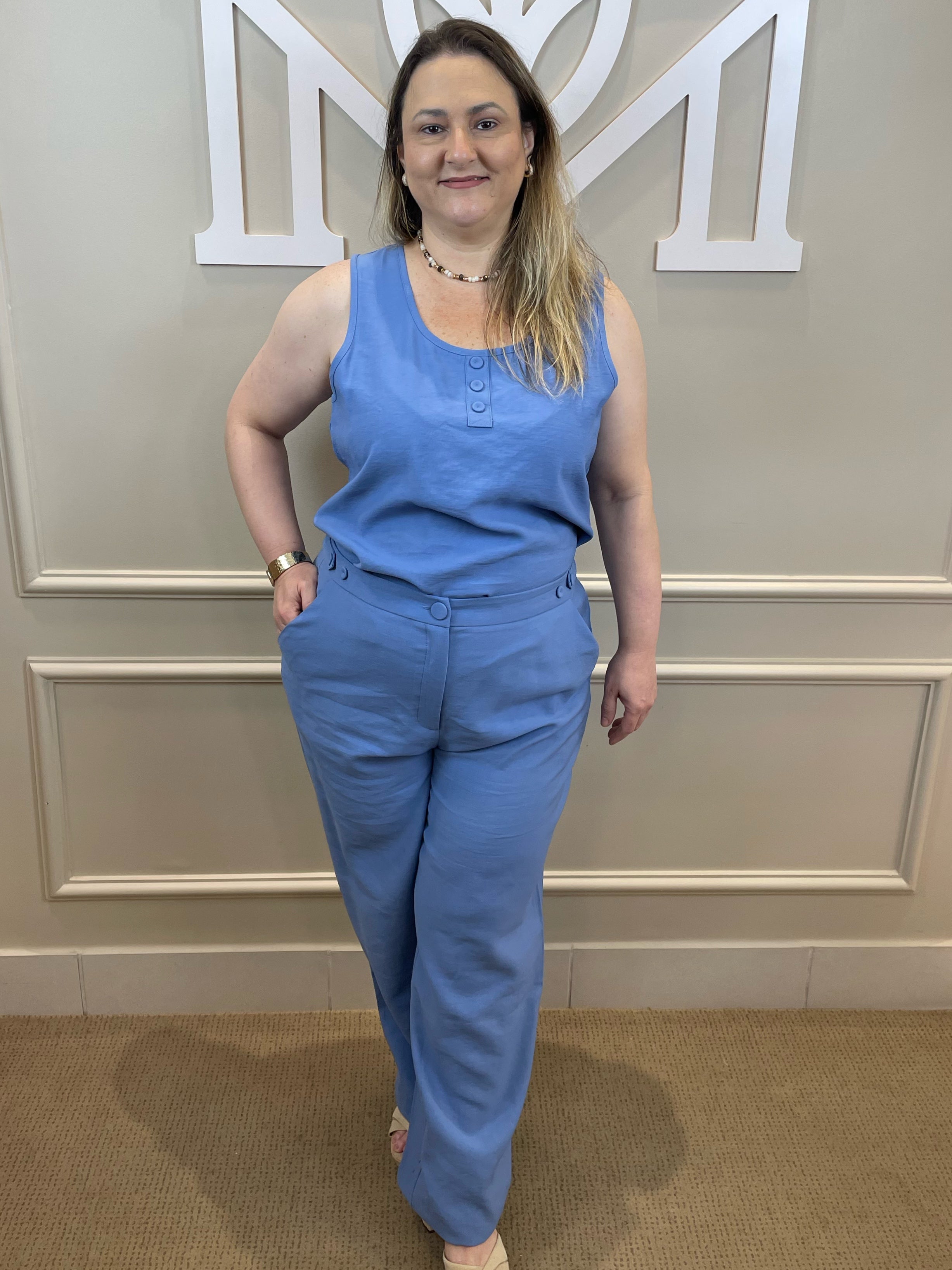 Conjunto de calça e regata azul de botão encapado - Nitrogen