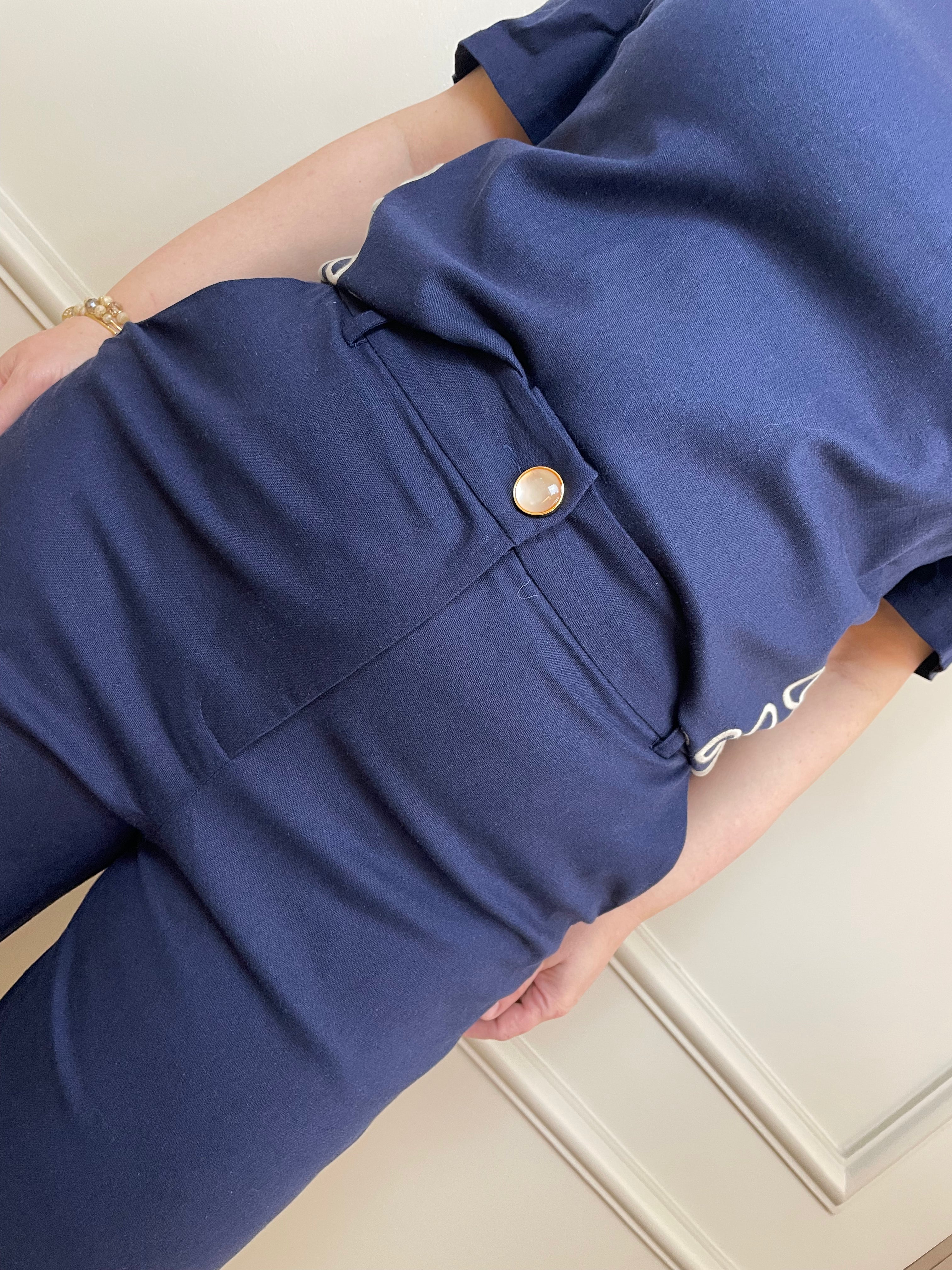 Conjunto calça/blusa linho marinho bordada off - Seiki