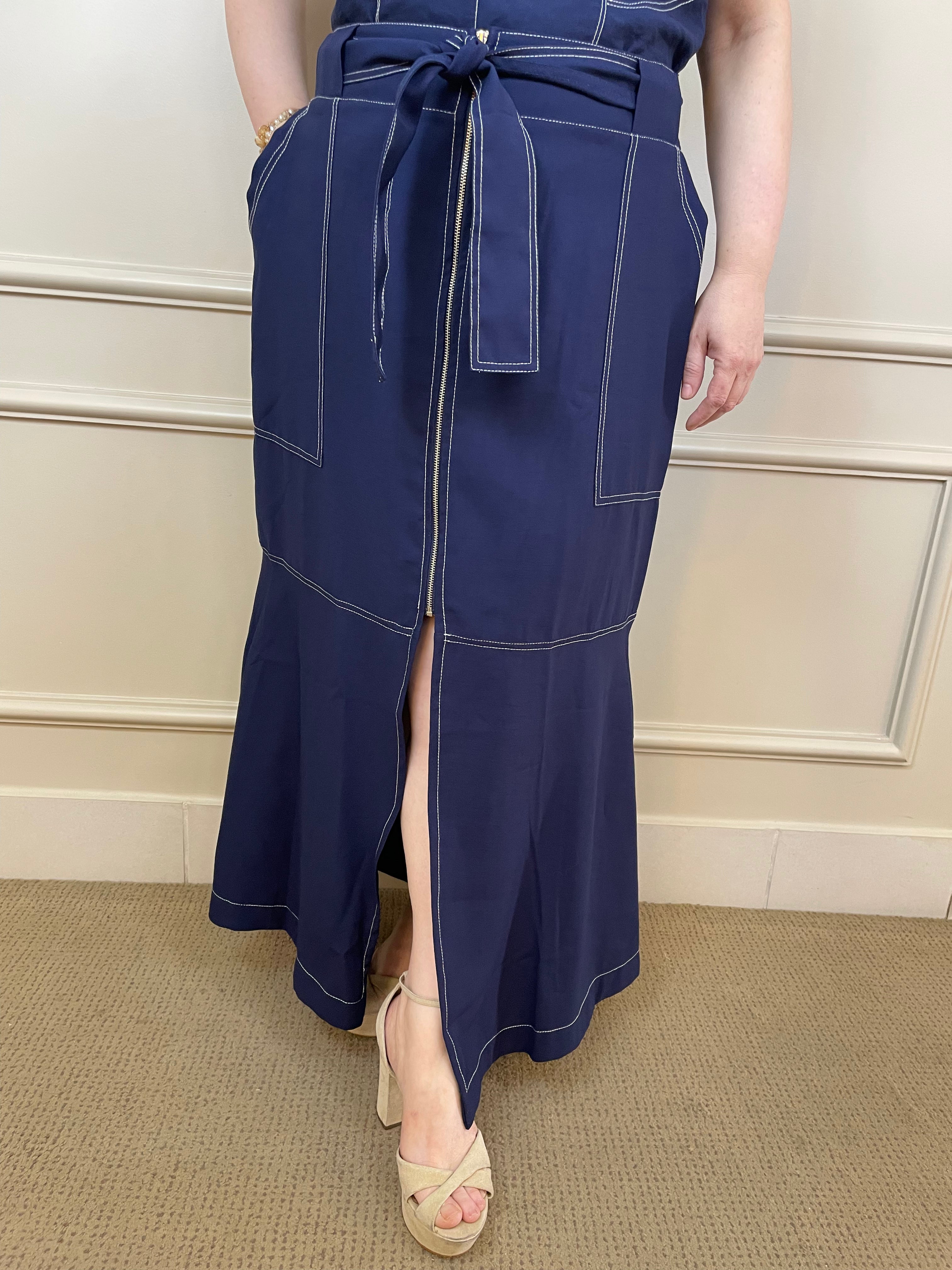 Conjunto saia ziper midi marinho pesponto - Bellah