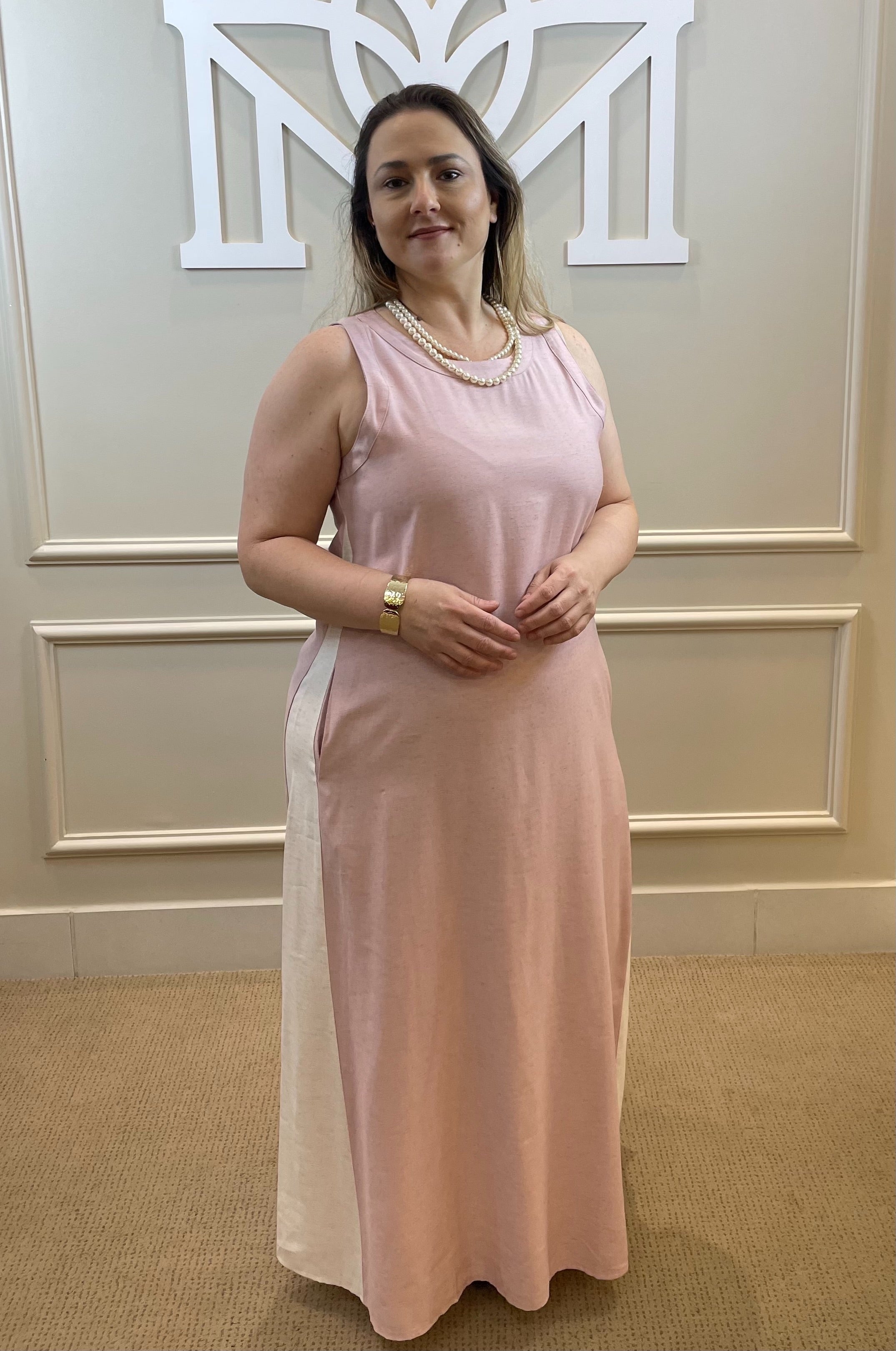 Vestido midi rosê com faixa off lateral - Seiki