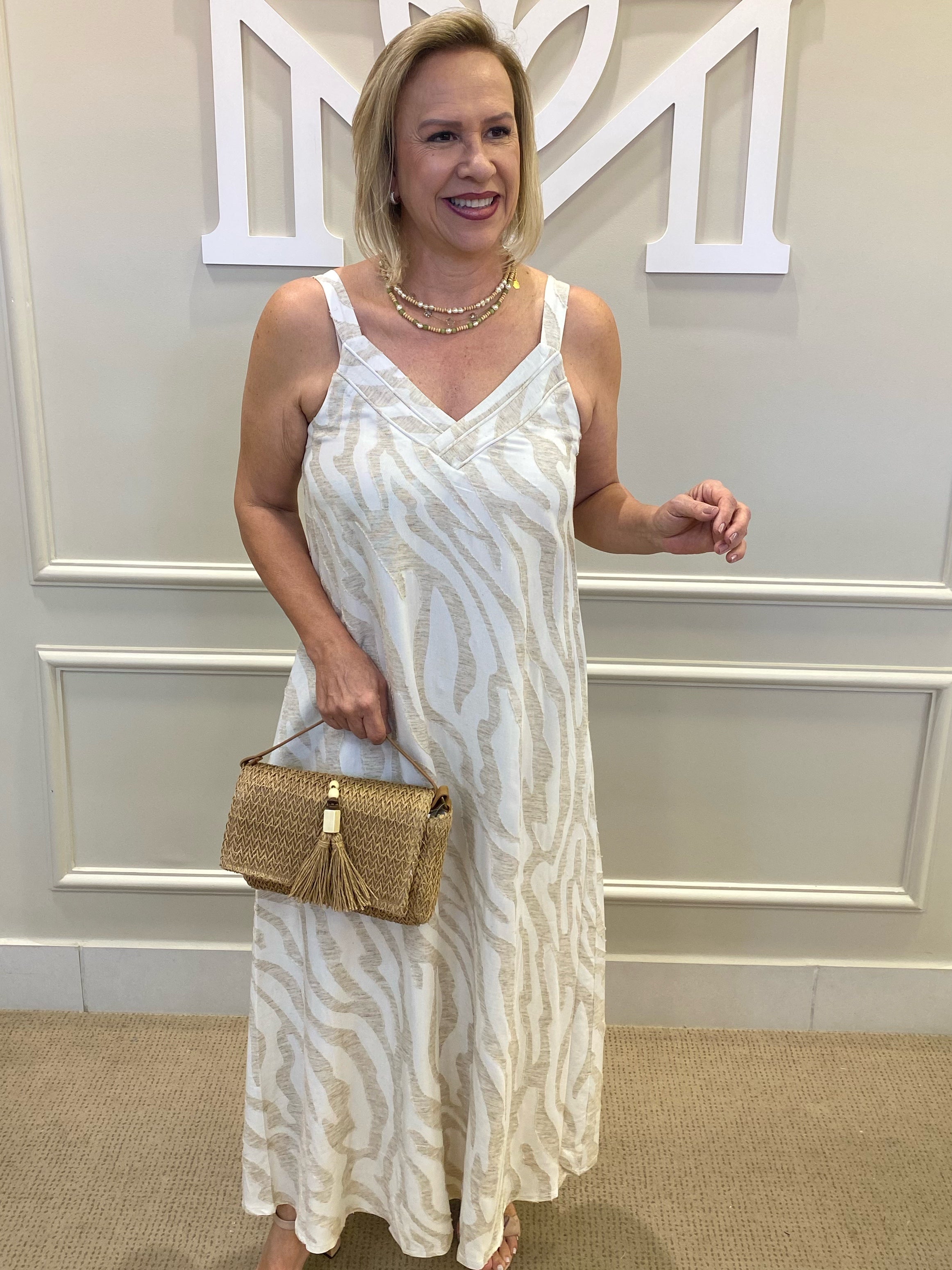 Vestido midi off riscos linho natural - Seiki