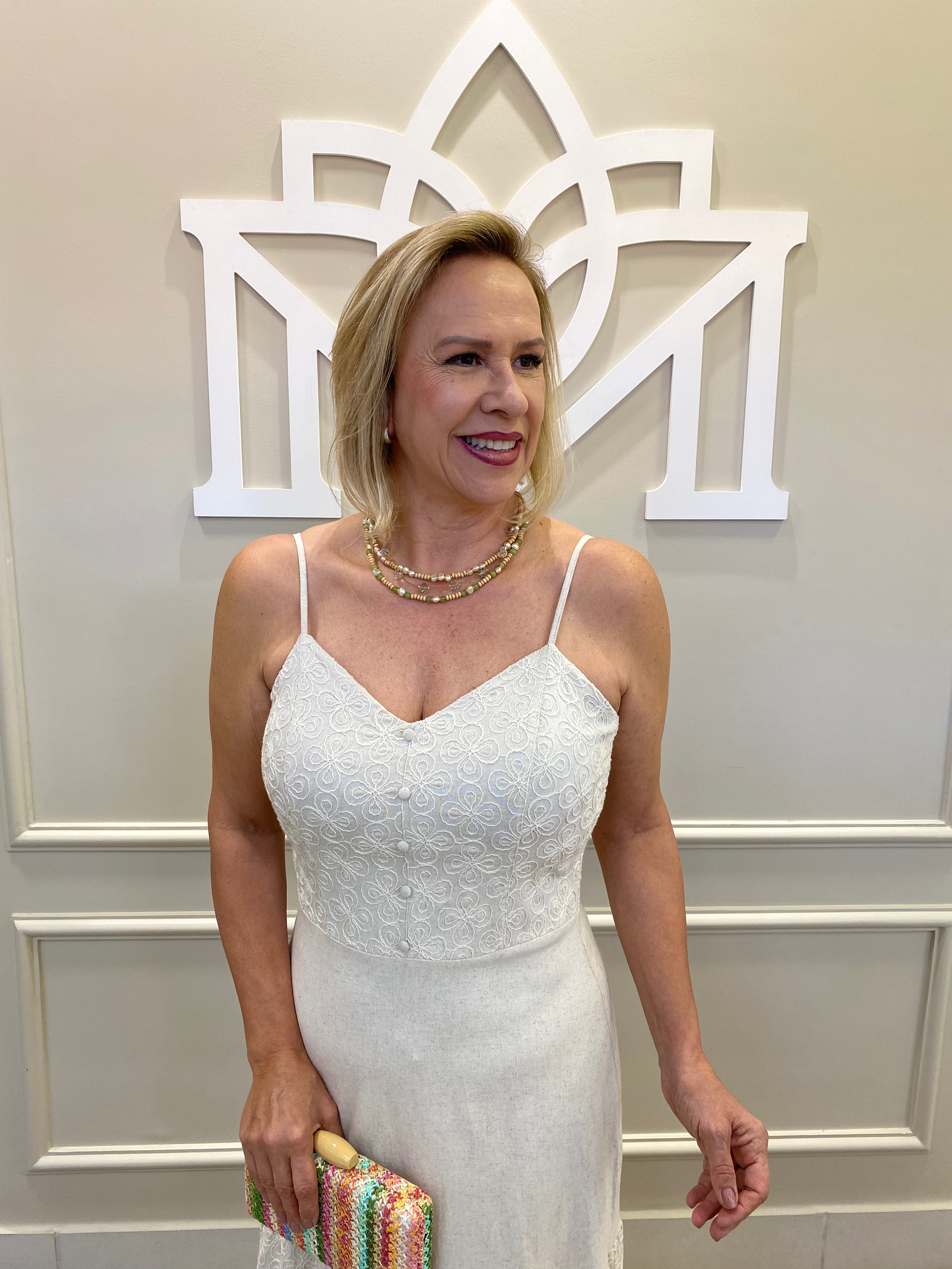 Vestido longo linho natural bordado