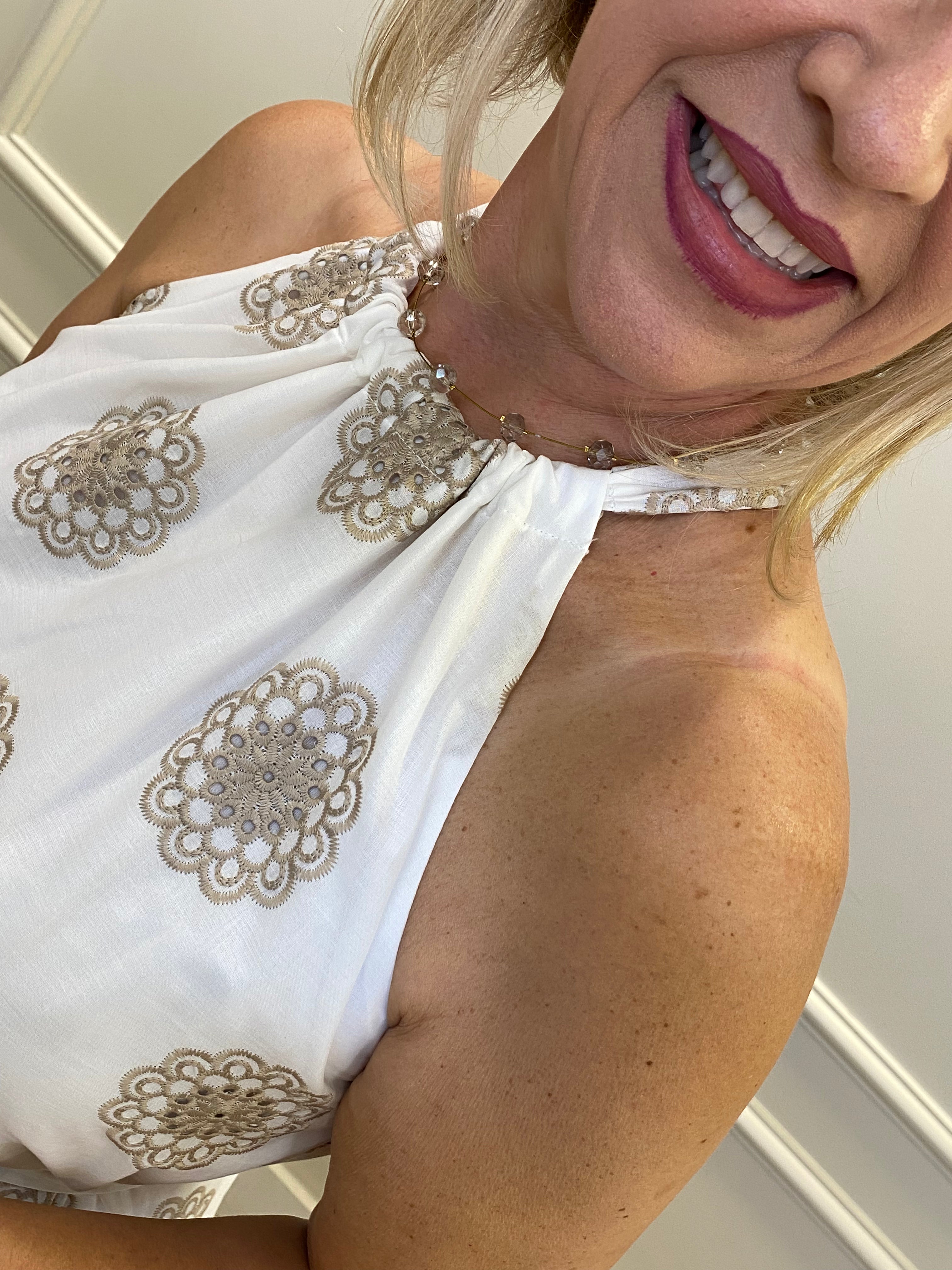 Vestido midi off bordado bege - Seiki