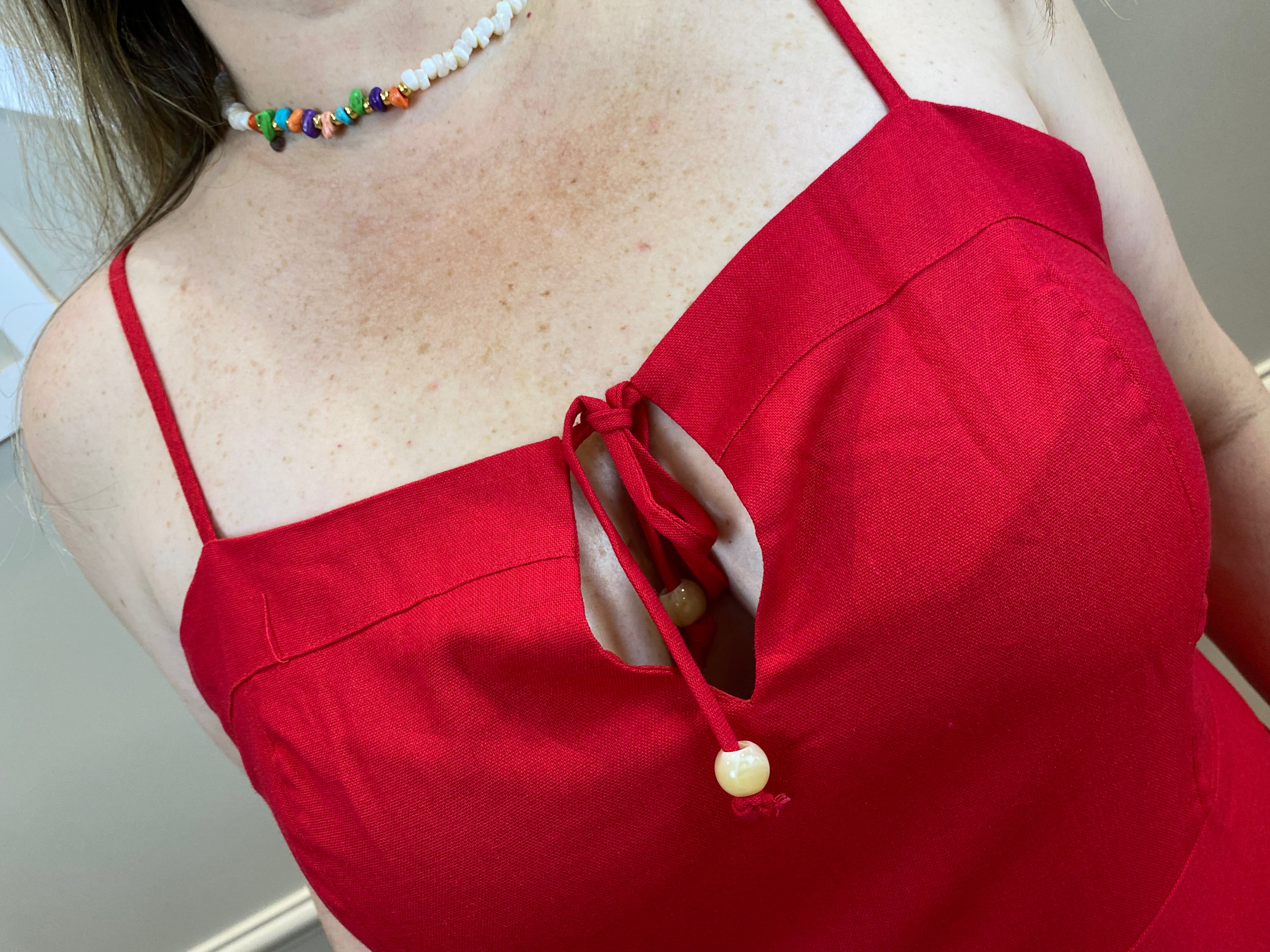 Vestido midi linho guipir barra/laço - Temaplus