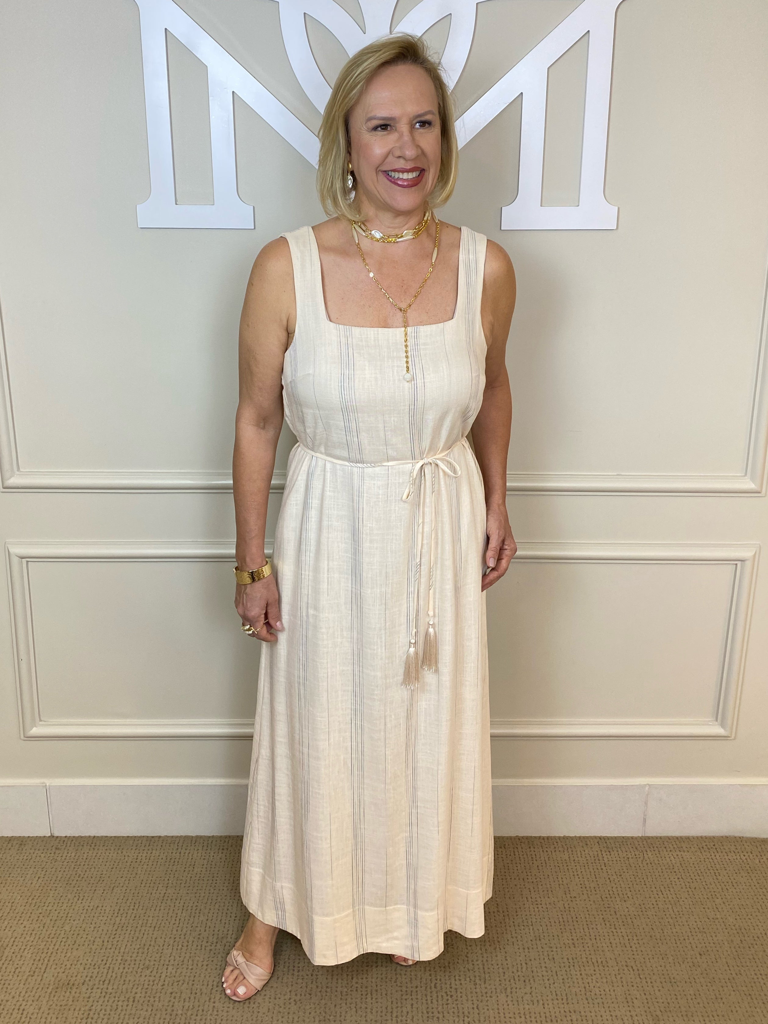 Vestido midi off riscos preto com cinto - Seiki