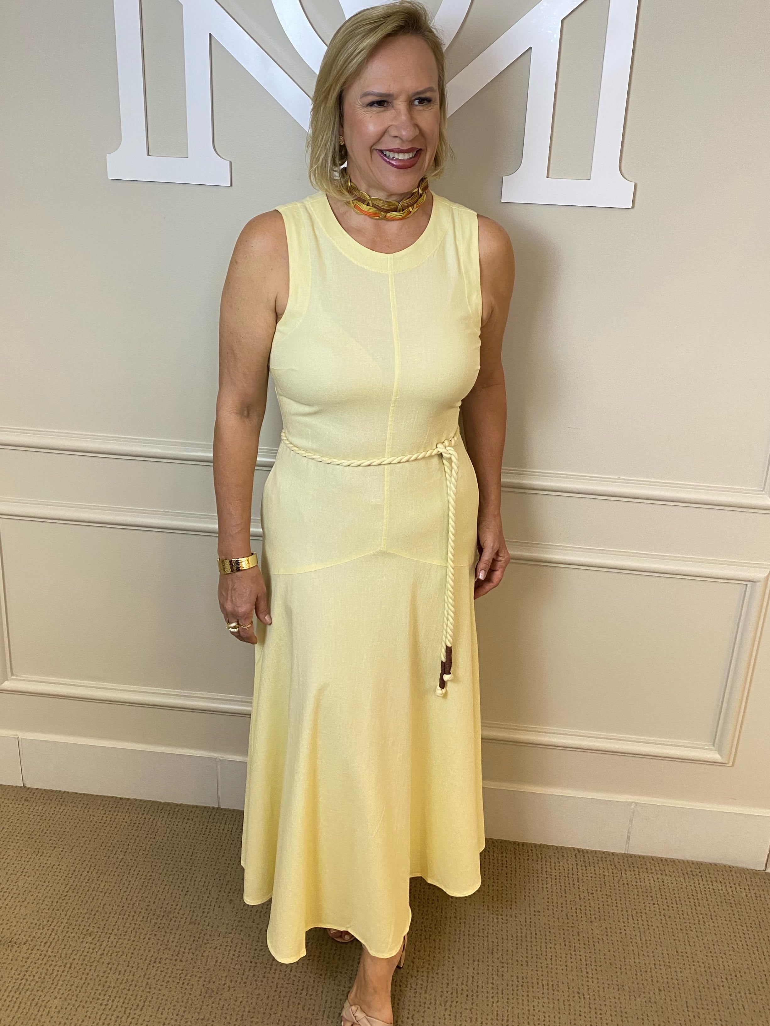 Vestido midi amarelo cinto corda - Seiki